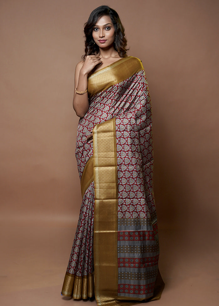 Red Printed Pure Silk Saree Without Blouse Piece