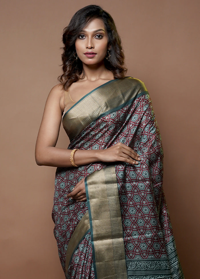 Maroon Printed Pure Silk Saree Without Blouse Piece