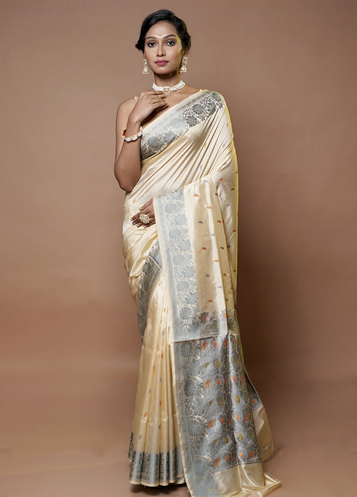 Cream Handloom Katan Pure Silk Saree With Blouse Piece