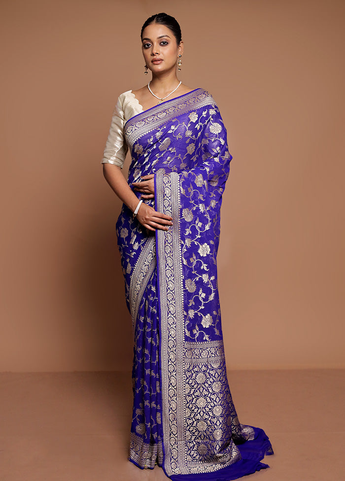 Blue Gadwal Pure Silk Saree Without Blouse Piece