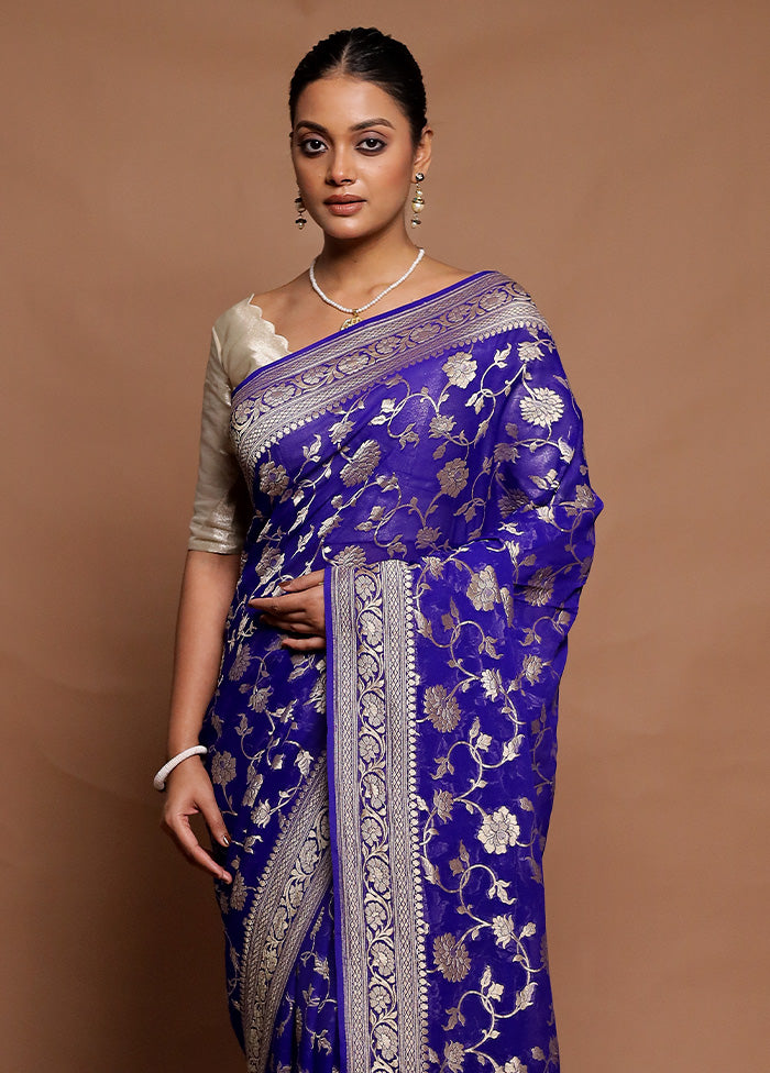 Blue Gadwal Pure Silk Saree Without Blouse Piece