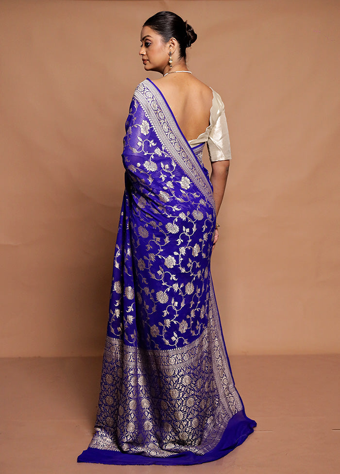 Blue Gadwal Pure Silk Saree Without Blouse Piece