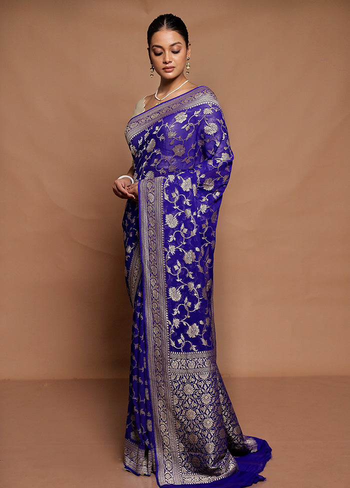 Blue Gadwal Pure Silk Saree Without Blouse Piece