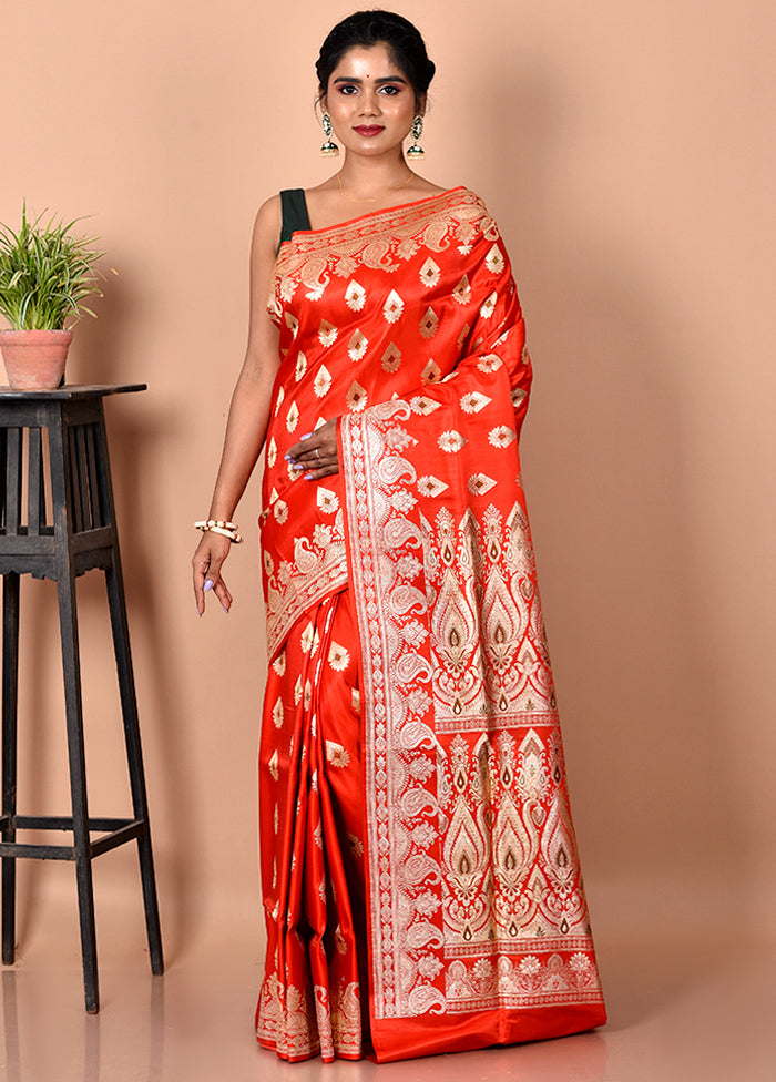 Orange Pure Banarasi Silk Saree With Blouse Piece - Indian Silk House Agencies