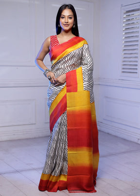 White Printed Pure Silk Saree Without Blouse Piece