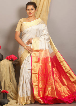 White Kanjivaram Pure Silk Zari Woven Saree With Blouse - Indian Silk House Agencies