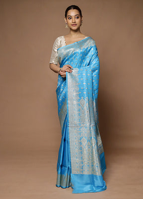 Blue Handloom Banarasi Pure Silk Saree With Blouse Piece