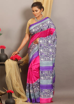 Blue Printed Pure Silk Printed Saree Without Blouse - Indian Silk House Agencies