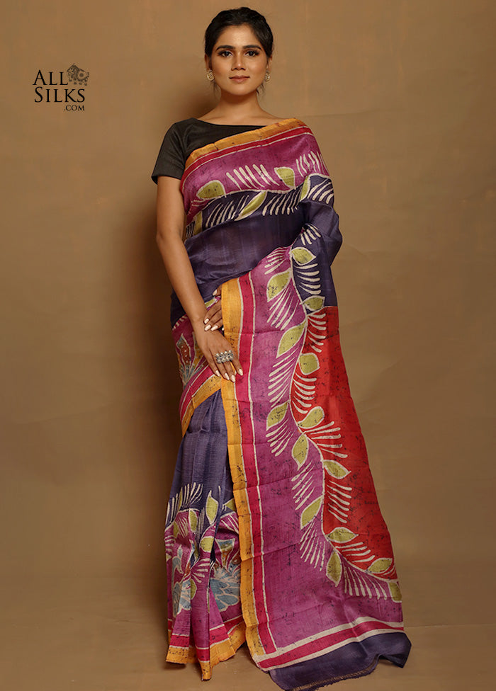 Purple Pure Printed Silk Saree With Blouse Piece - Indian Silk House Agencies
