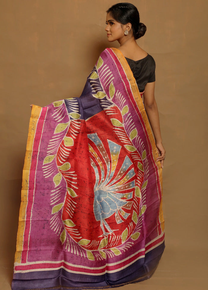 Purple Pure Printed Silk Saree With Blouse Piece - Indian Silk House Agencies
