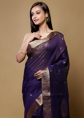 Blue Linen Silk Saree With Blouse Piece