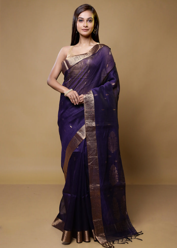 Blue Linen Silk Saree With Blouse Piece