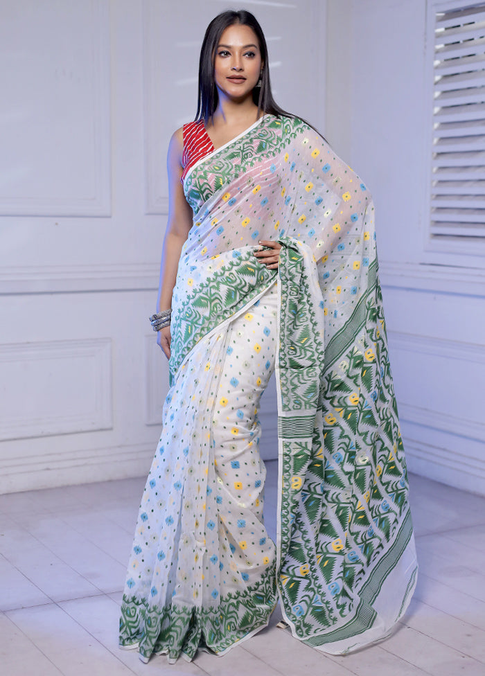 White Tant Jamdani Saree Without Blouse Piece