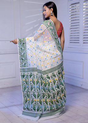 White Tant Jamdani Saree Without Blouse Piece