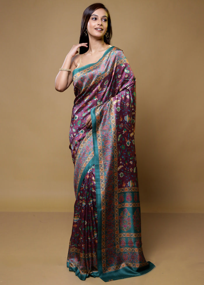 Purple Printed Silk Saree Without Blouse Piece
