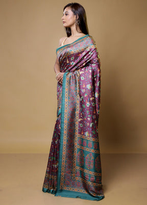 Purple Printed Silk Saree Without Blouse Piece