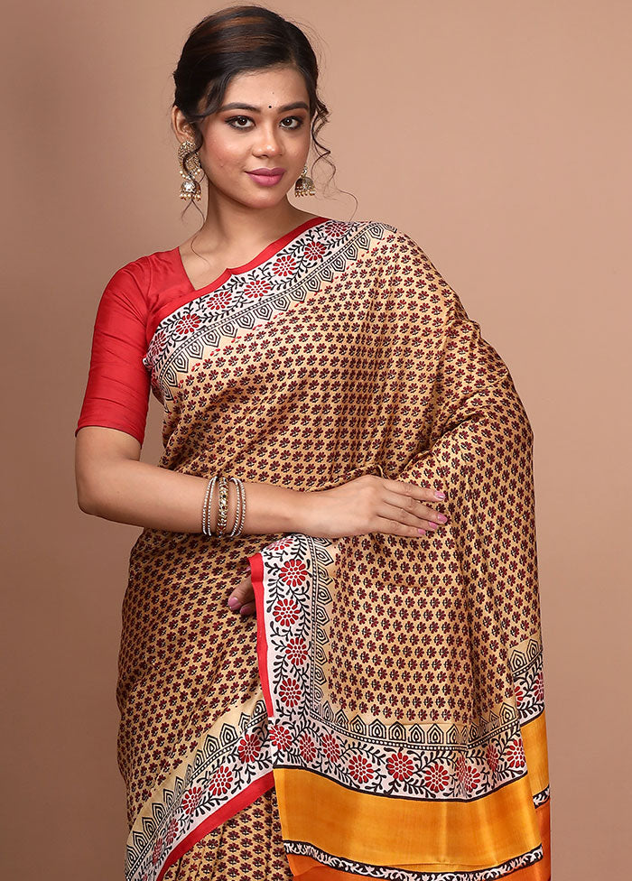 Sand Yellow Pure Printed Silk Saree With Blouse Piece - Indian Silk House Agencies