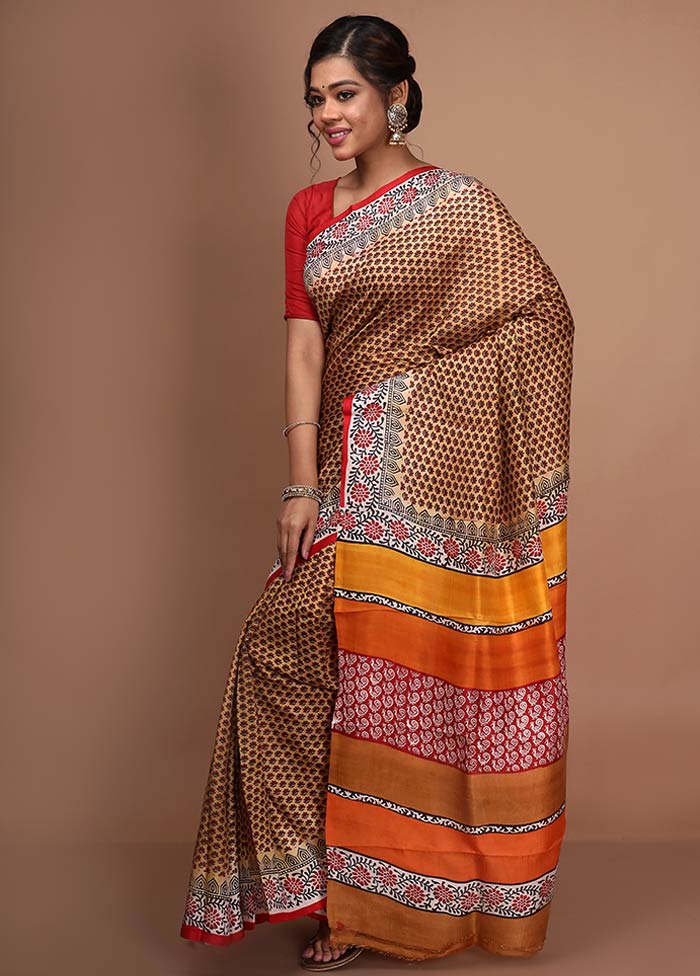 Sand Yellow Pure Printed Silk Saree With Blouse Piece - Indian Silk House Agencies