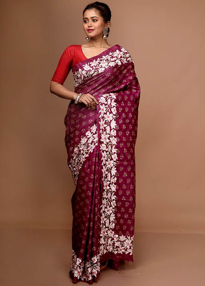 Purple Embroidered Pure Tussar Silk Saree With Blouse Piece - Indian Silk House Agencies