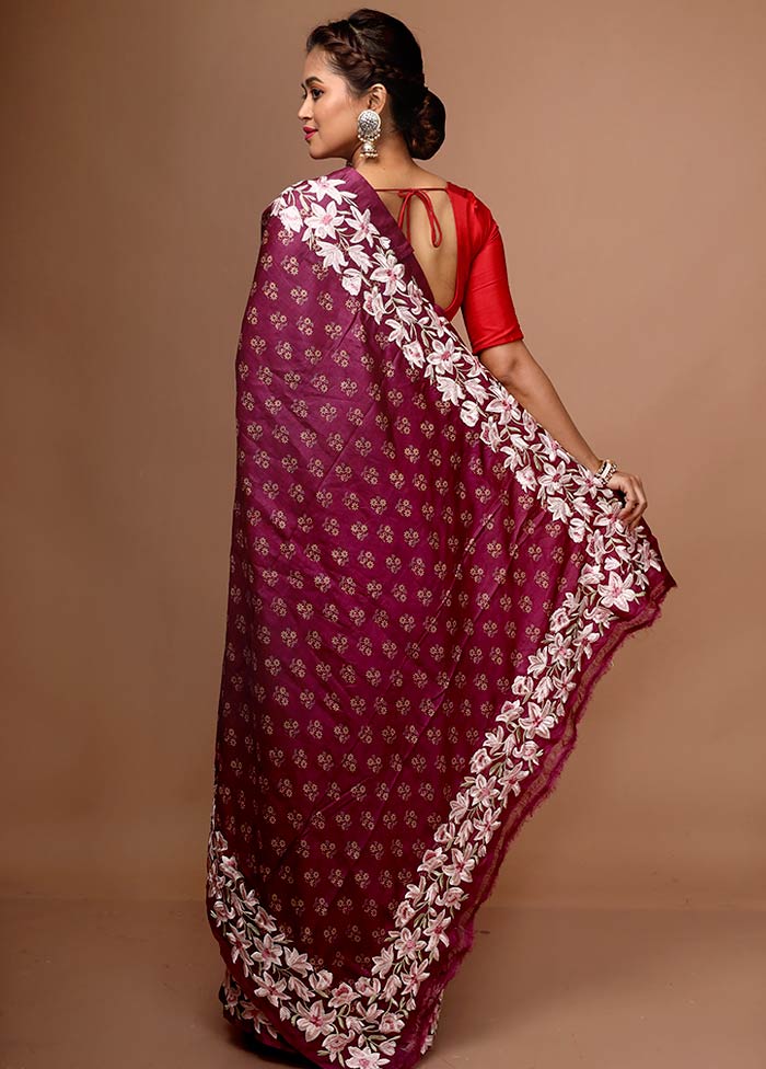 Purple Embroidered Pure Tussar Silk Saree With Blouse Piece - Indian Silk House Agencies