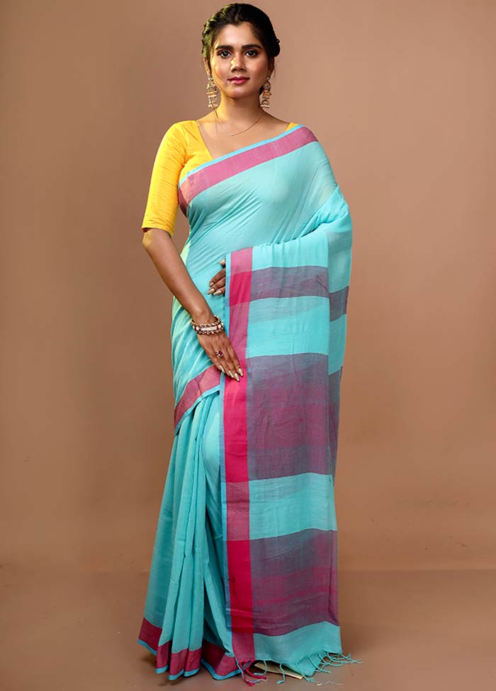 Blue Shantipuri Cotton Saree Without Blouse Piece - Indian Silk House Agencies