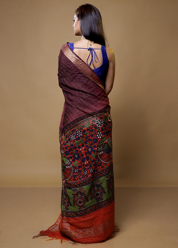 Maroon Tussar Silk Saree With Blouse Piece