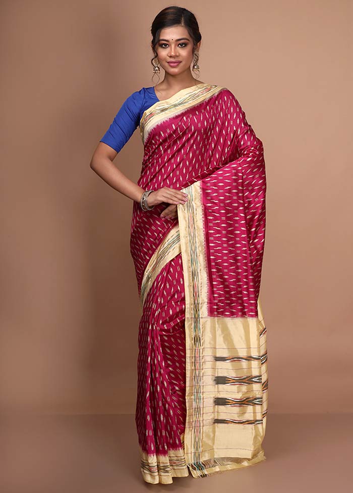 Fuchsia Pink Pure Ikkat Silk Saree With Blouse Piece - Indian Silk House Agencies