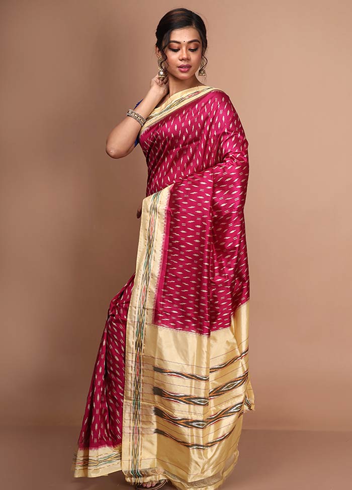 Fuchsia Pink Pure Ikkat Silk Saree With Blouse Piece - Indian Silk House Agencies