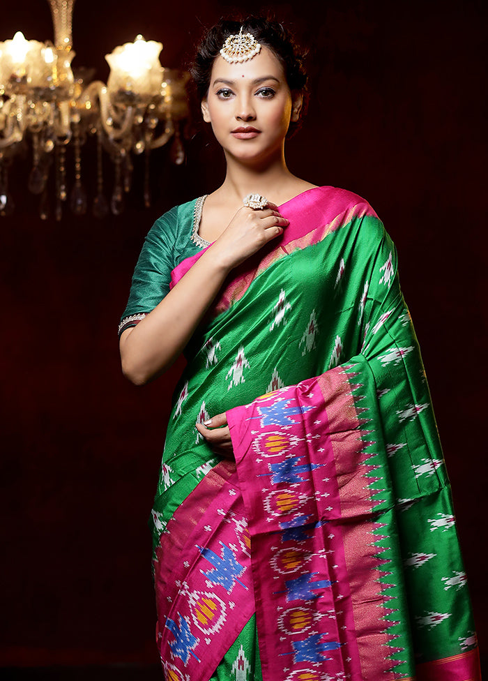 Green Handloom Ikkat Pure Silk Saree With Blouse Piece