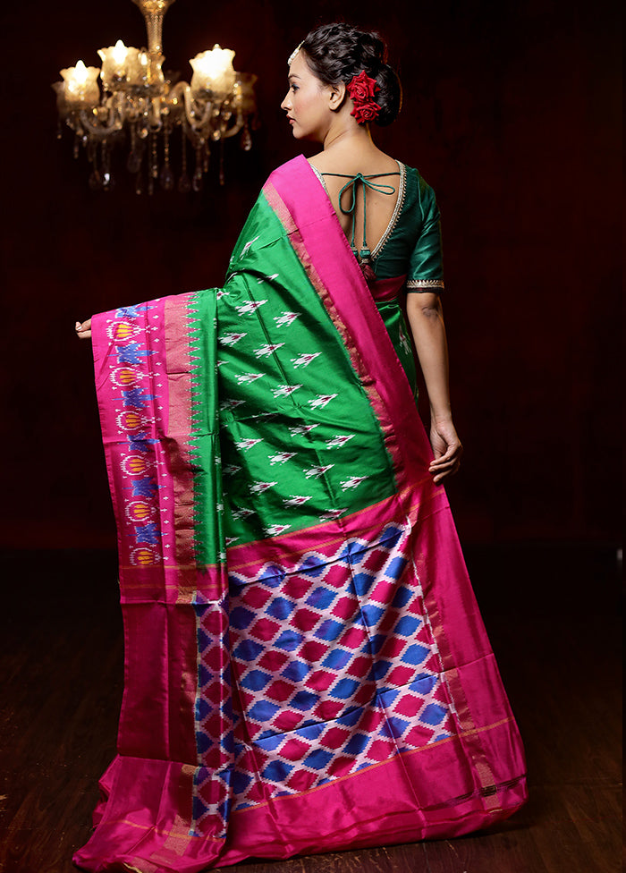 Green Handloom Ikkat Pure Silk Saree With Blouse Piece