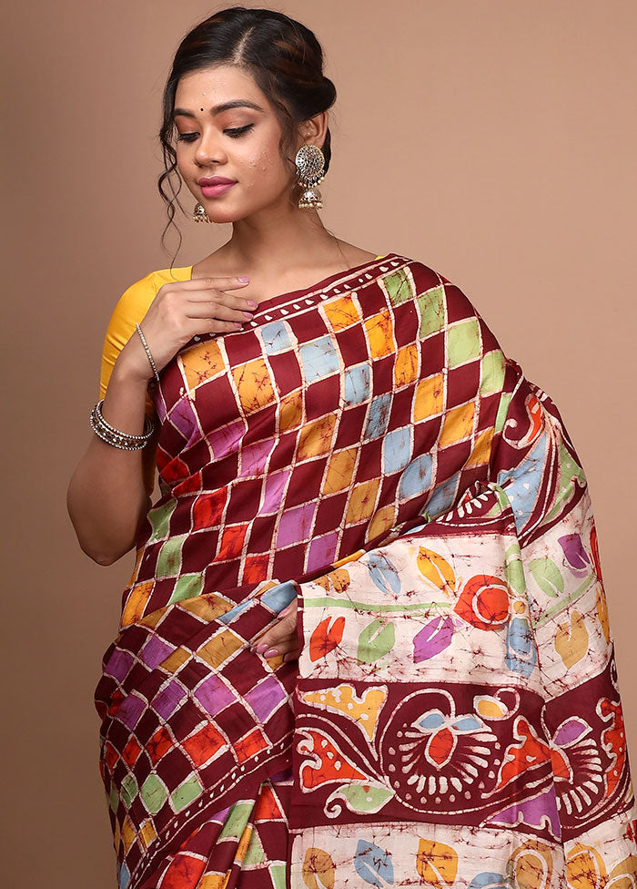 Maroon Pure Batik Printed Silk Saree With Blouse Piece - Indian Silk House Agencies