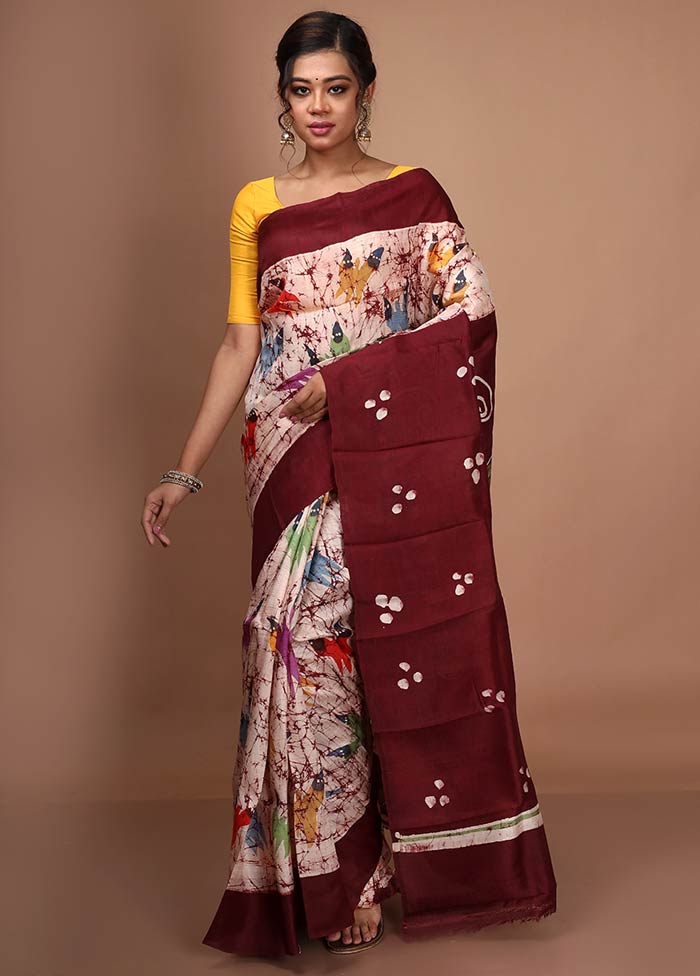 Off White Pure Printed Silk Saree With Blouse Piece - Indian Silk House Agencies
