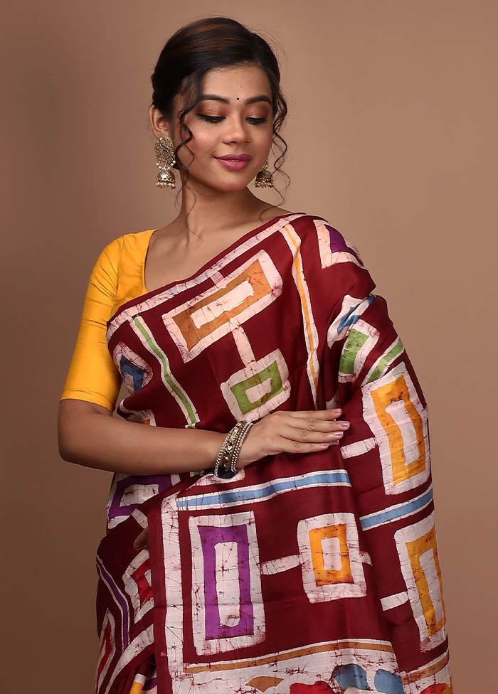 Maroon Pure Batik Printed Silk Saree With Blouse Piece - Indian Silk House Agencies