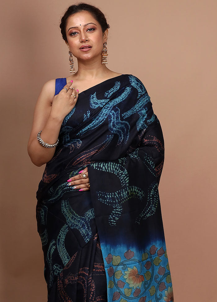 Black Tie And Dye Pure Silk Saree With Blouse Piece - Indian Silk House Agencies