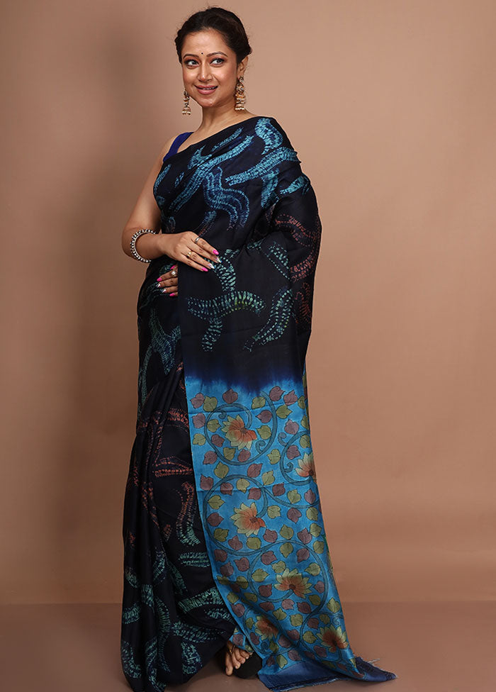Black Tie And Dye Pure Silk Saree With Blouse Piece - Indian Silk House Agencies