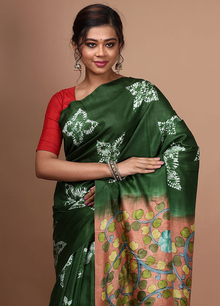 Green Tie And Dye Pure Silk Saree With Blouse Piece - Indian Silk House Agencies