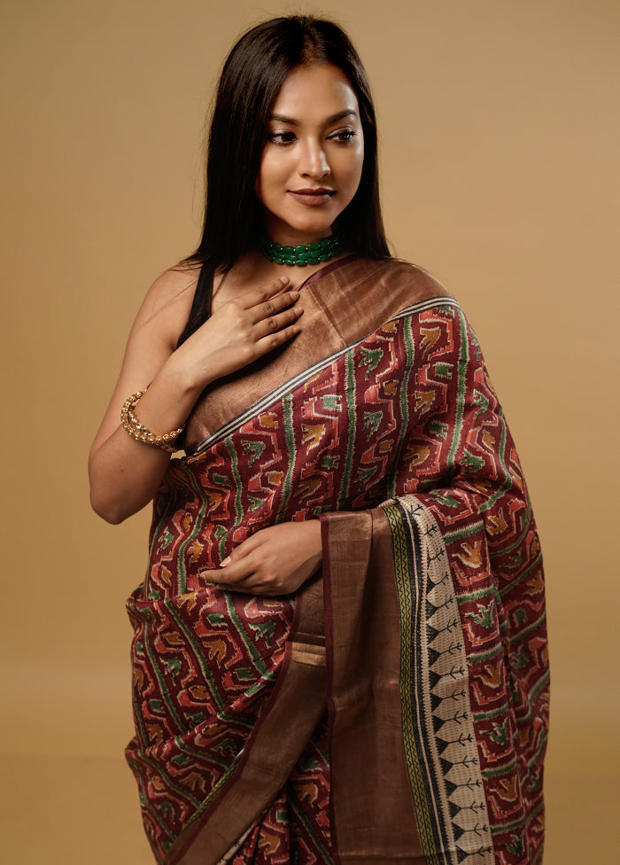 Maroon Tussar Silk Saree With Blouse Piece