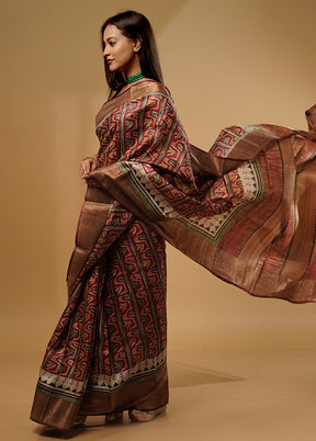 Maroon Tussar Silk Saree With Blouse Piece