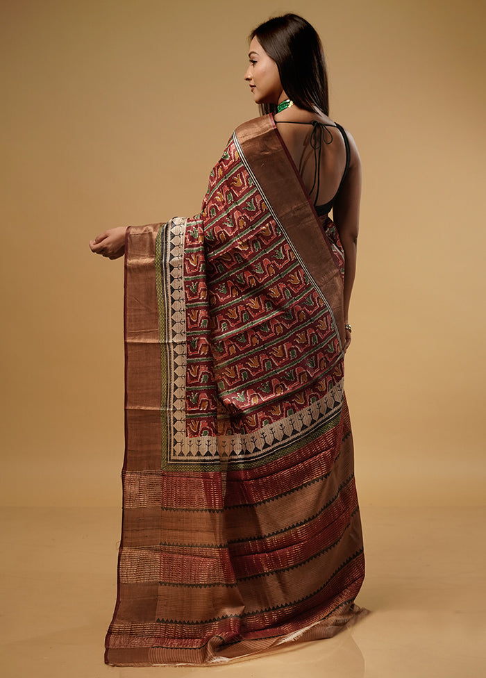 Maroon Tussar Silk Saree With Blouse Piece