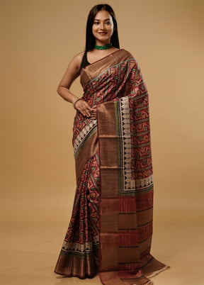 Maroon Tussar Silk Saree With Blouse Piece