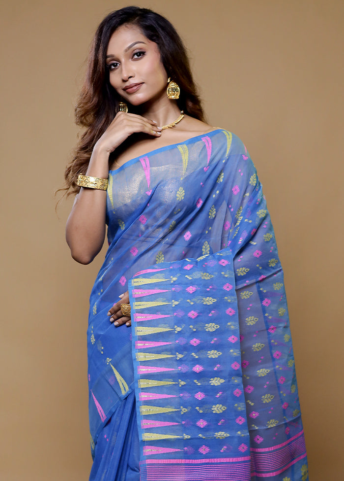 Blue Tant Jamdani Saree Without Blouse Piece