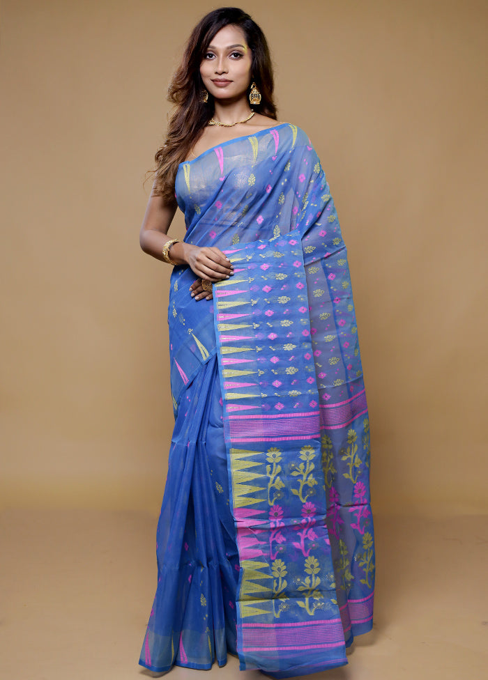 Blue Tant Jamdani Saree Without Blouse Piece