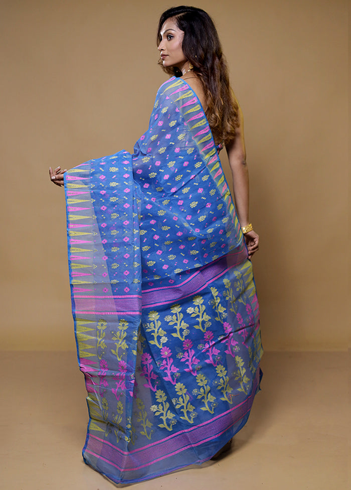 Blue Tant Jamdani Saree Without Blouse Piece