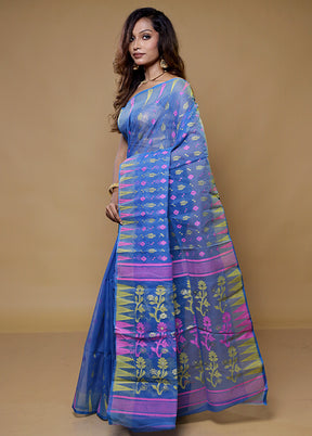 Blue Tant Jamdani Saree Without Blouse Piece