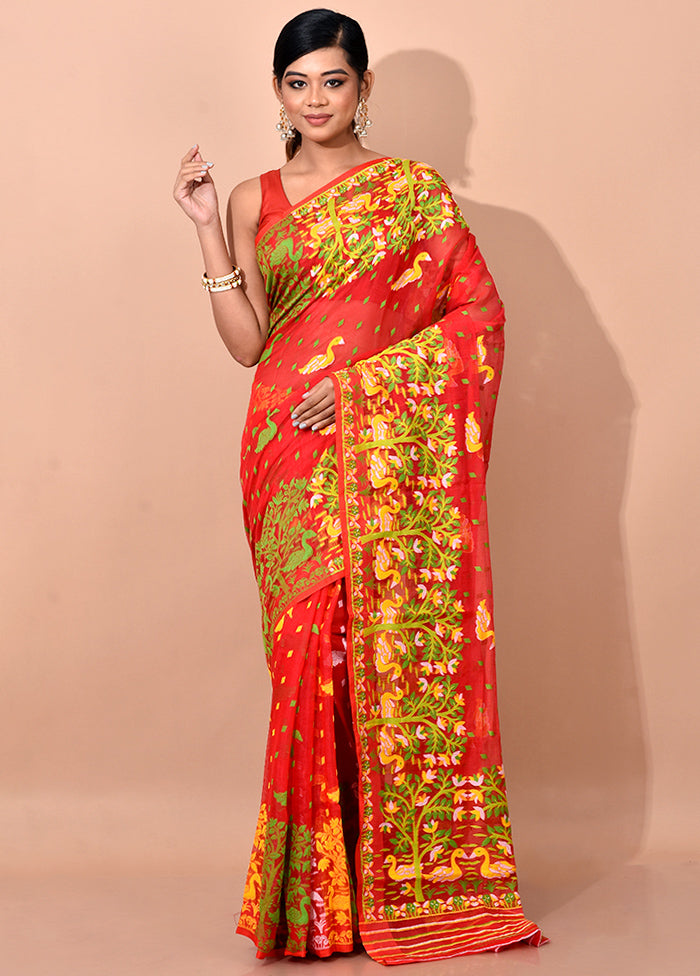 Red Tant Jamdani Saree Without Blouse Piece - Indian Silk House Agencies