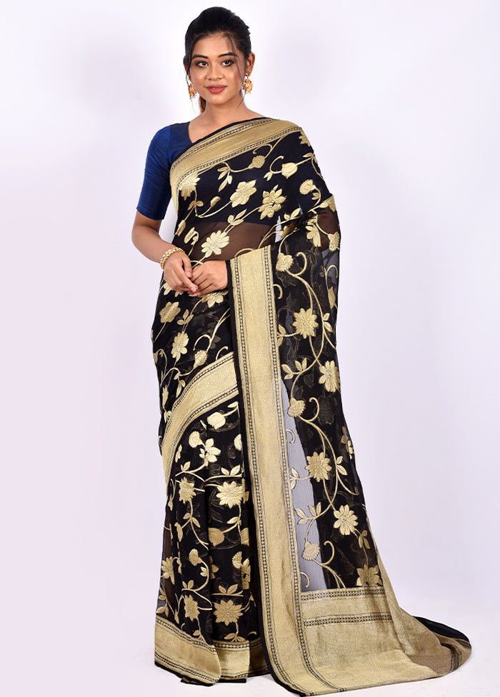 Black Pure Georgette Saree With Blouse Piece | Indian Silk House Agencies