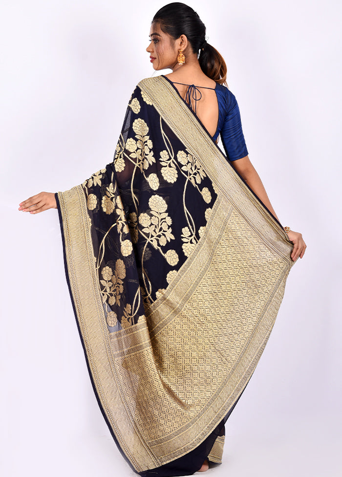 Midnight Blue Pure Georgette Saree With Blouse Piece - Indian Silk House Agencies