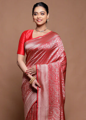 Red Handloom Tussar Pure Silk Saree With Blouse Piece