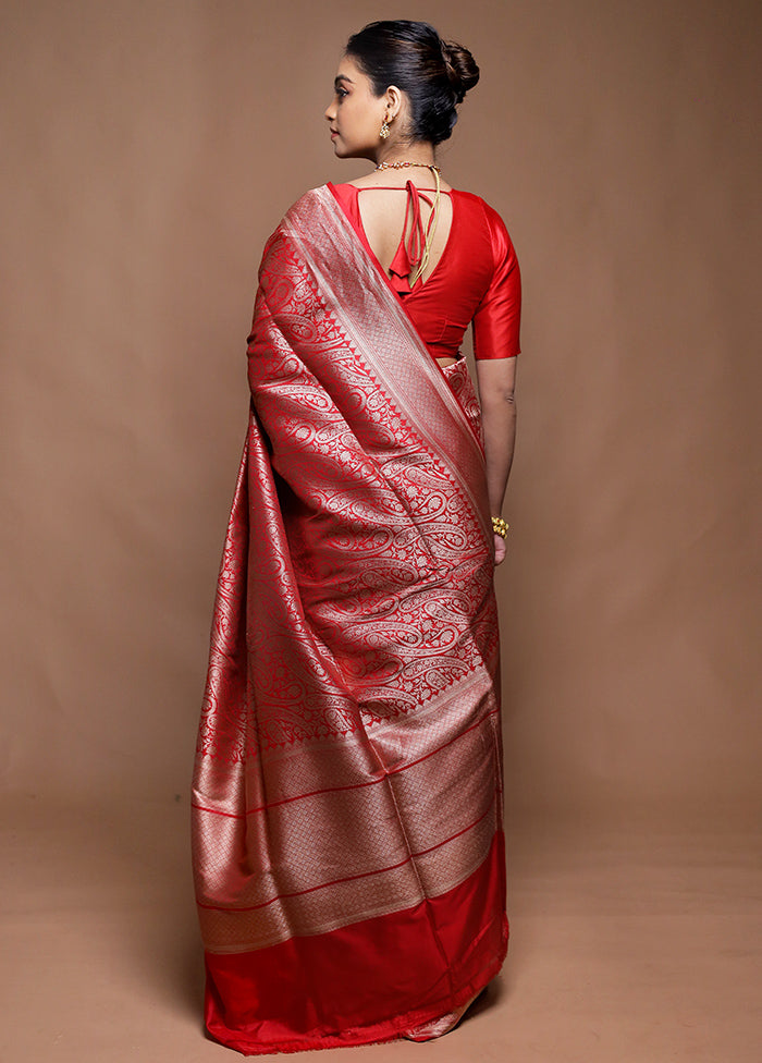 Red Handloom Tussar Pure Silk Saree With Blouse Piece