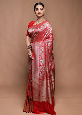 Red Handloom Tussar Pure Silk Saree With Blouse Piece